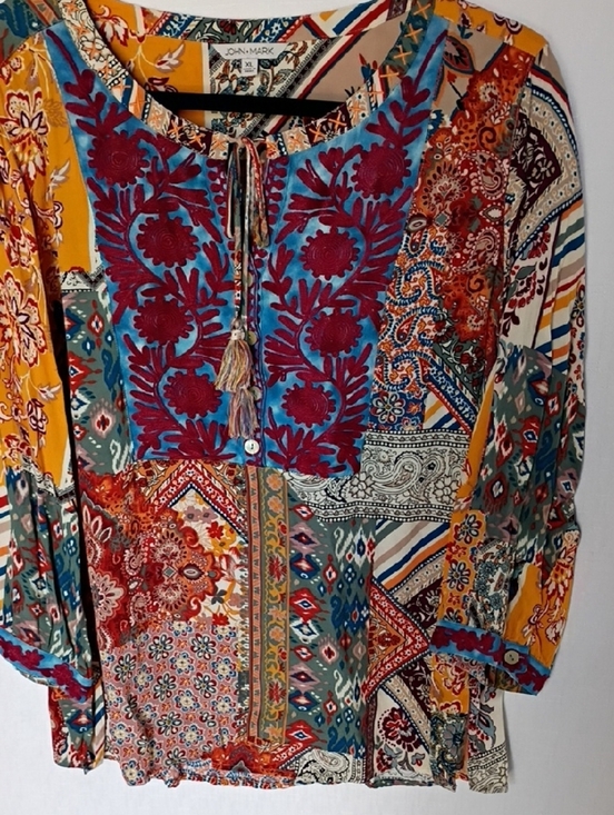 John Mark Tops - John Mark Women's Multicolor Boho Embroidered Tunic-Mustard, Teal, Burgundy XL